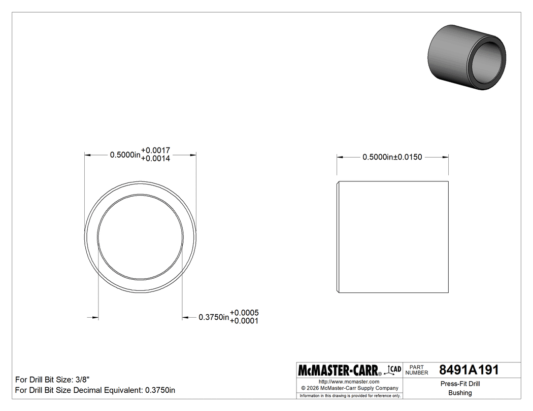 Technical Drawing of Press-Fit Drill Bushing, 0.375" ID, 1/2" OD, 1/2" Long.